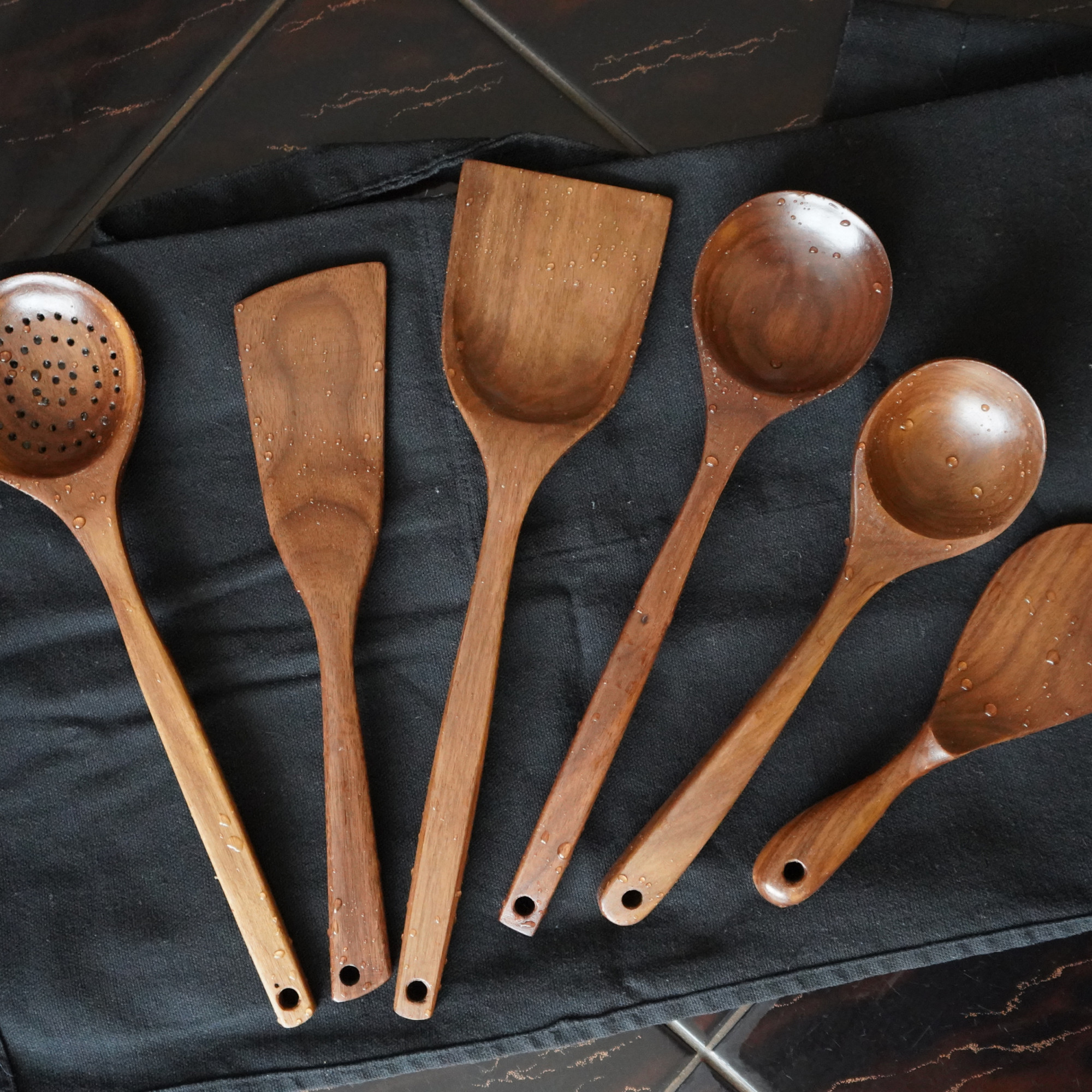utensils set black cloth walnut wooden spoon spatula rice