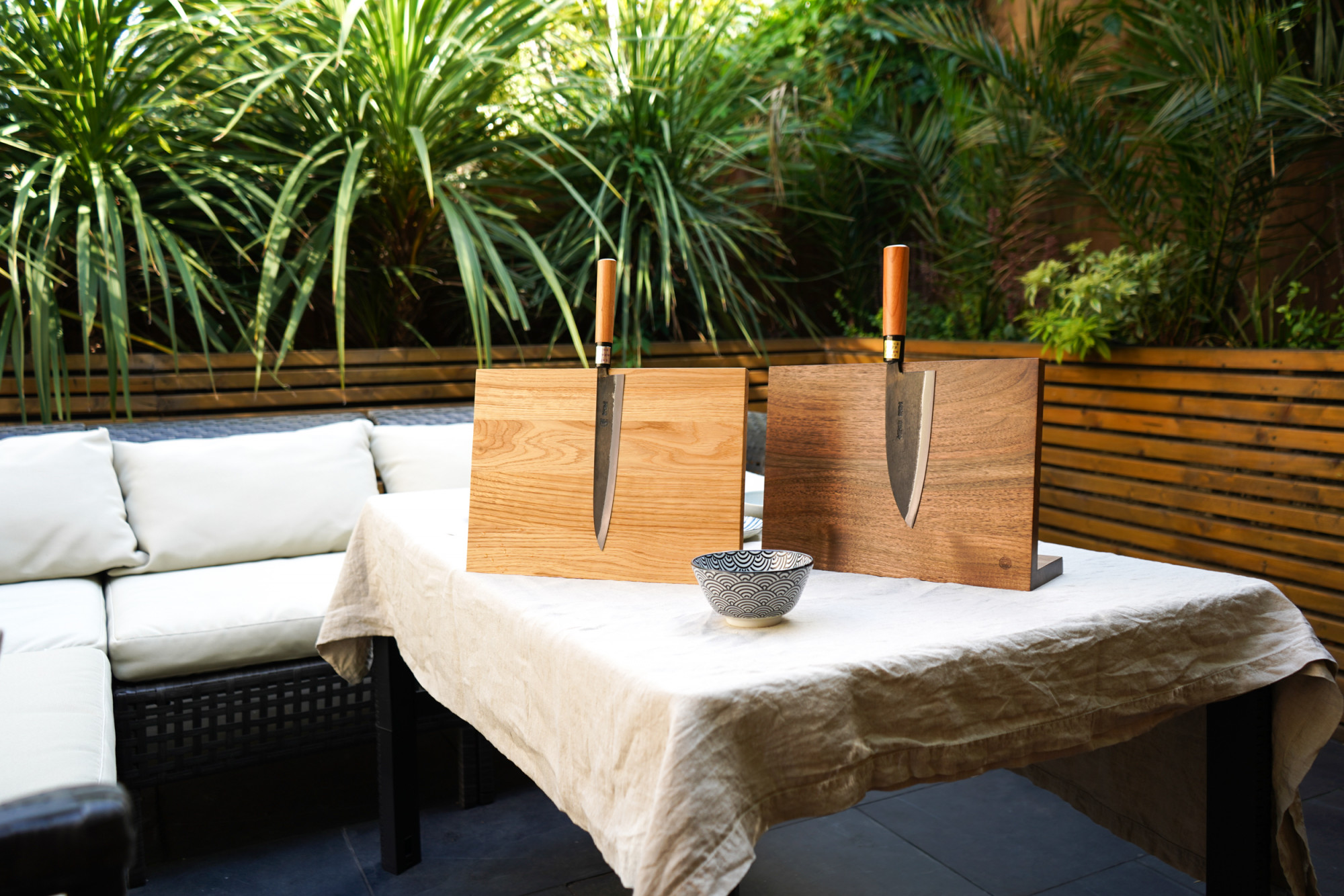 Moritaka AS knives featuring our signature magnetic knife stand in oak