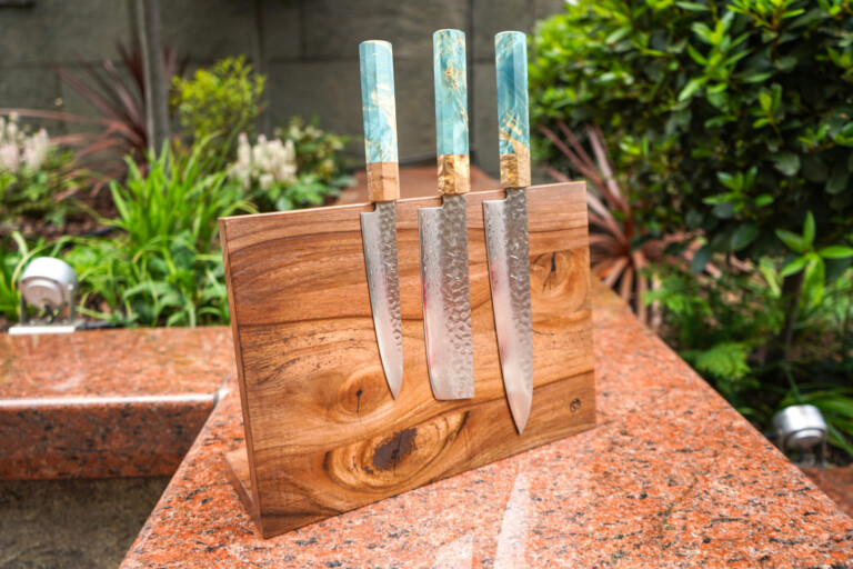 Japanese Kitchen Knives by Sakai Kyuba Cooking Knives Set of three in green on wooden magnetic knife stand