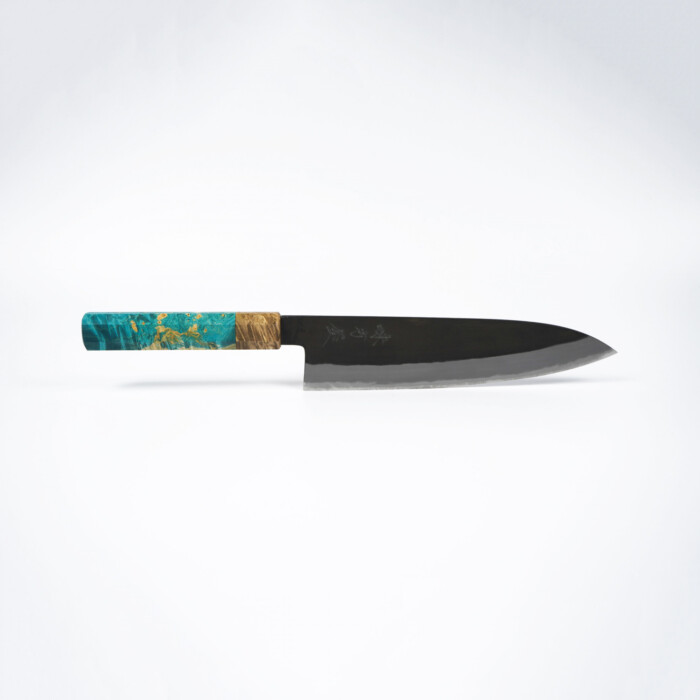 Mutsumi Hinoura Gyuto kurochi Kochmesser 210mm Shirogami Kurouchi maßgeschneidertes japanisches Messer