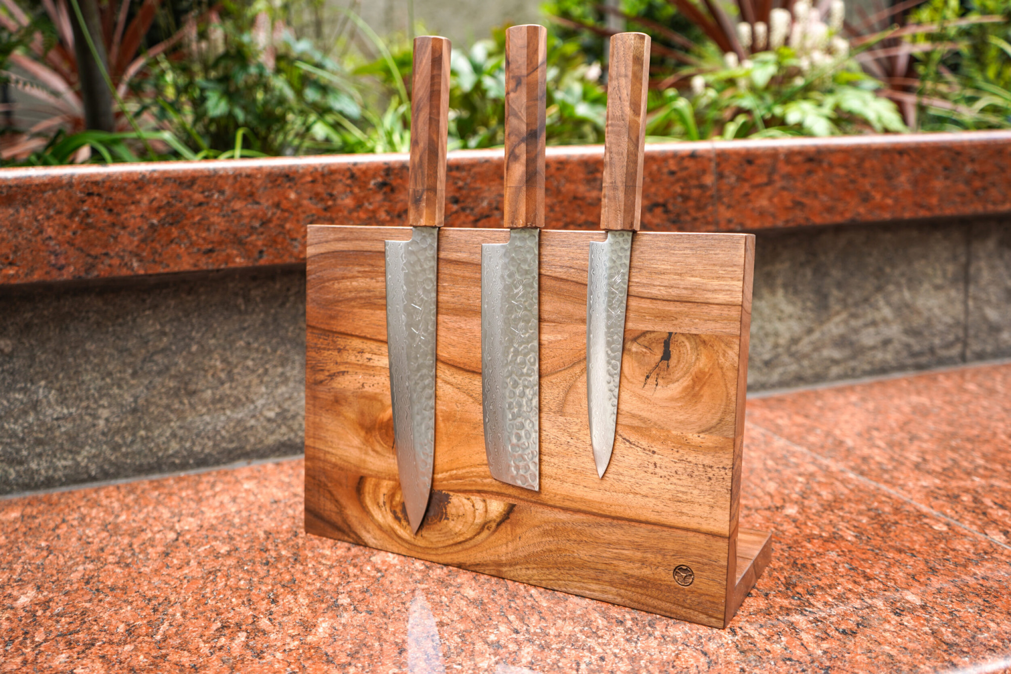 Japanese Kitchen Knives by Sakai Kyuba Cooking Knives Set on wooden magnetic knife stand