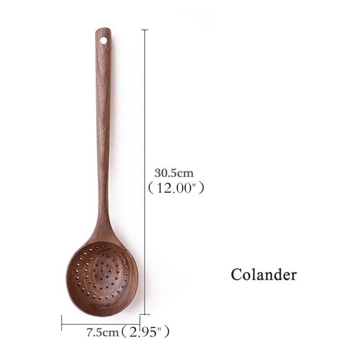 Walnut wooden colander measurements on white background