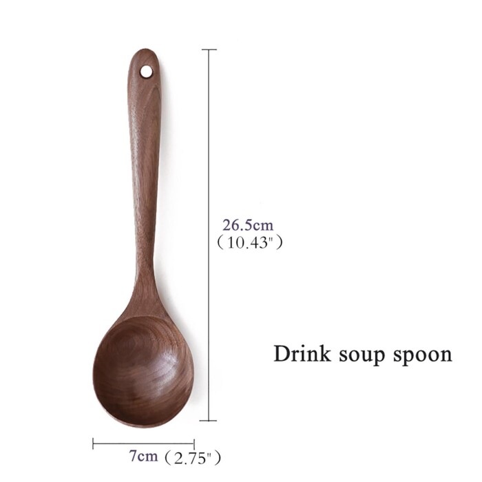Walnut wooden drink soup spoon measurements on white background