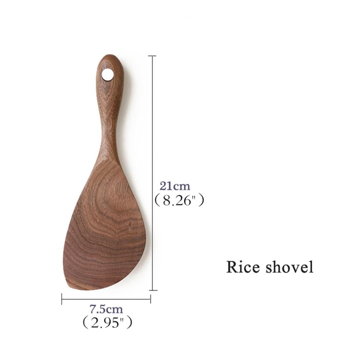 Walnuss Holz Reis Schaufel Maße auf weißem Hintergrund