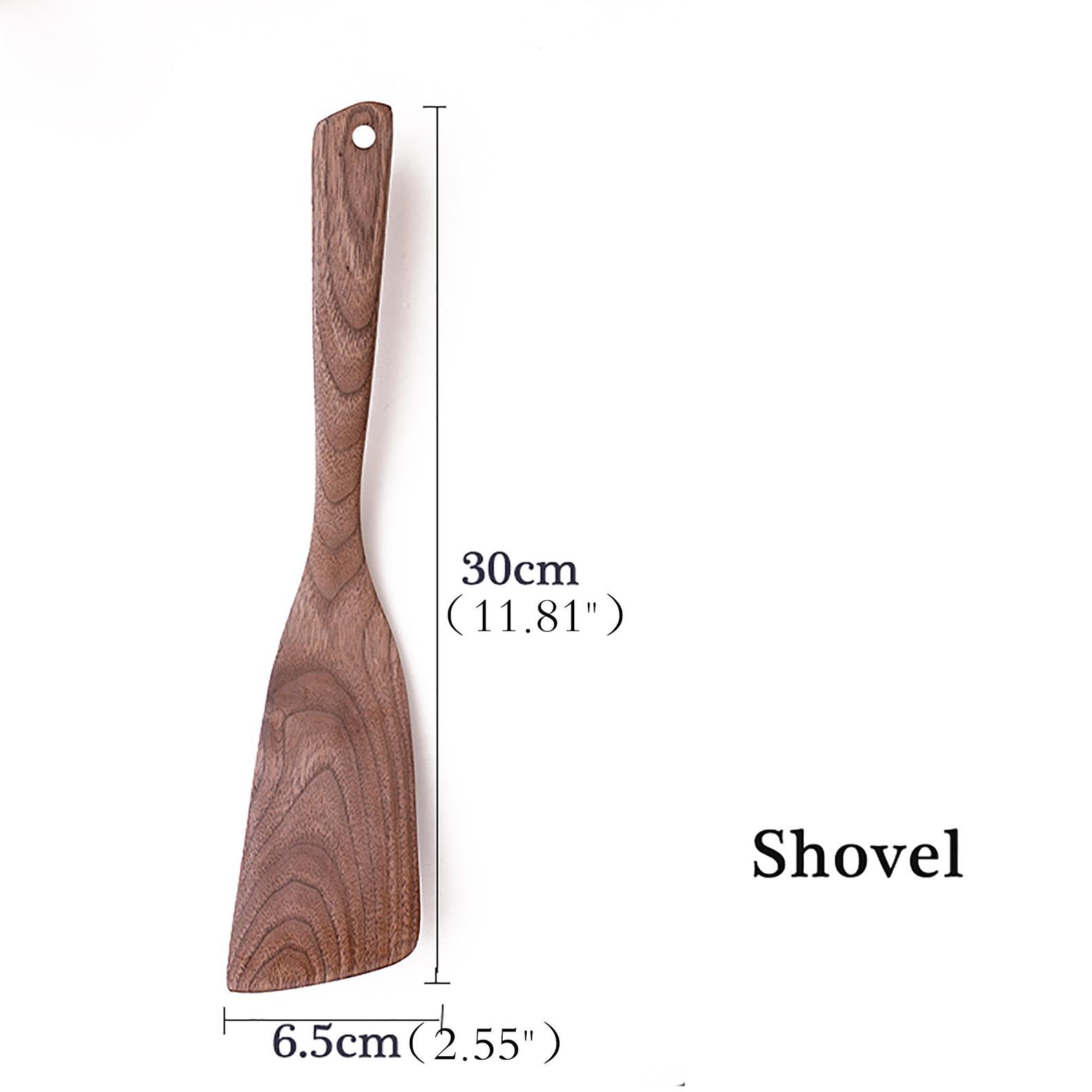 Wooden walnut shovel measurements on white background