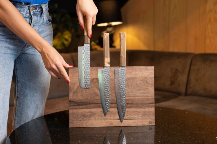 sakai kyuba brown japanese kitchen knife set on wooden magnetic rack