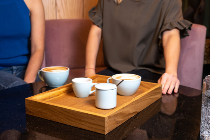 oak medium wooden tray with coffee on top