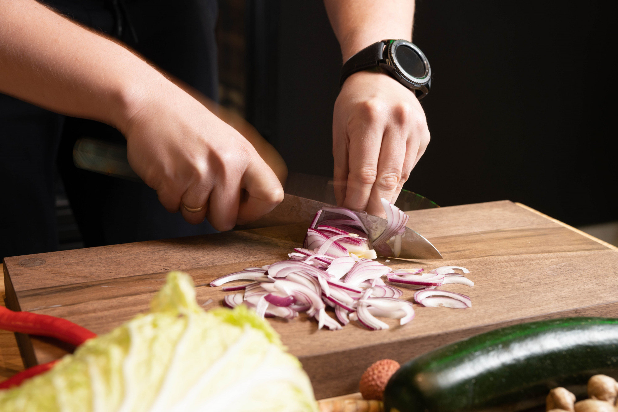sakai kyuba santoku knife cutting onions