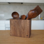 Walnut wooden utensils set and utensil holder