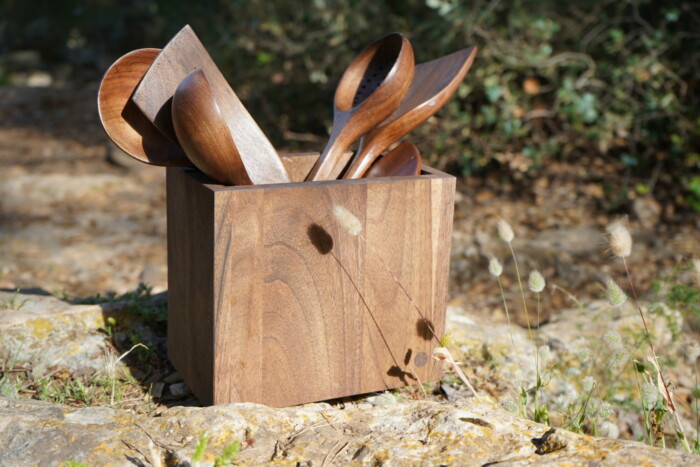 walnut kitchen utensils and holder