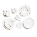 Kintsugi Collection Fine Bone China Porcelain Set: Plates, Tea Cups/Pot, Bowl