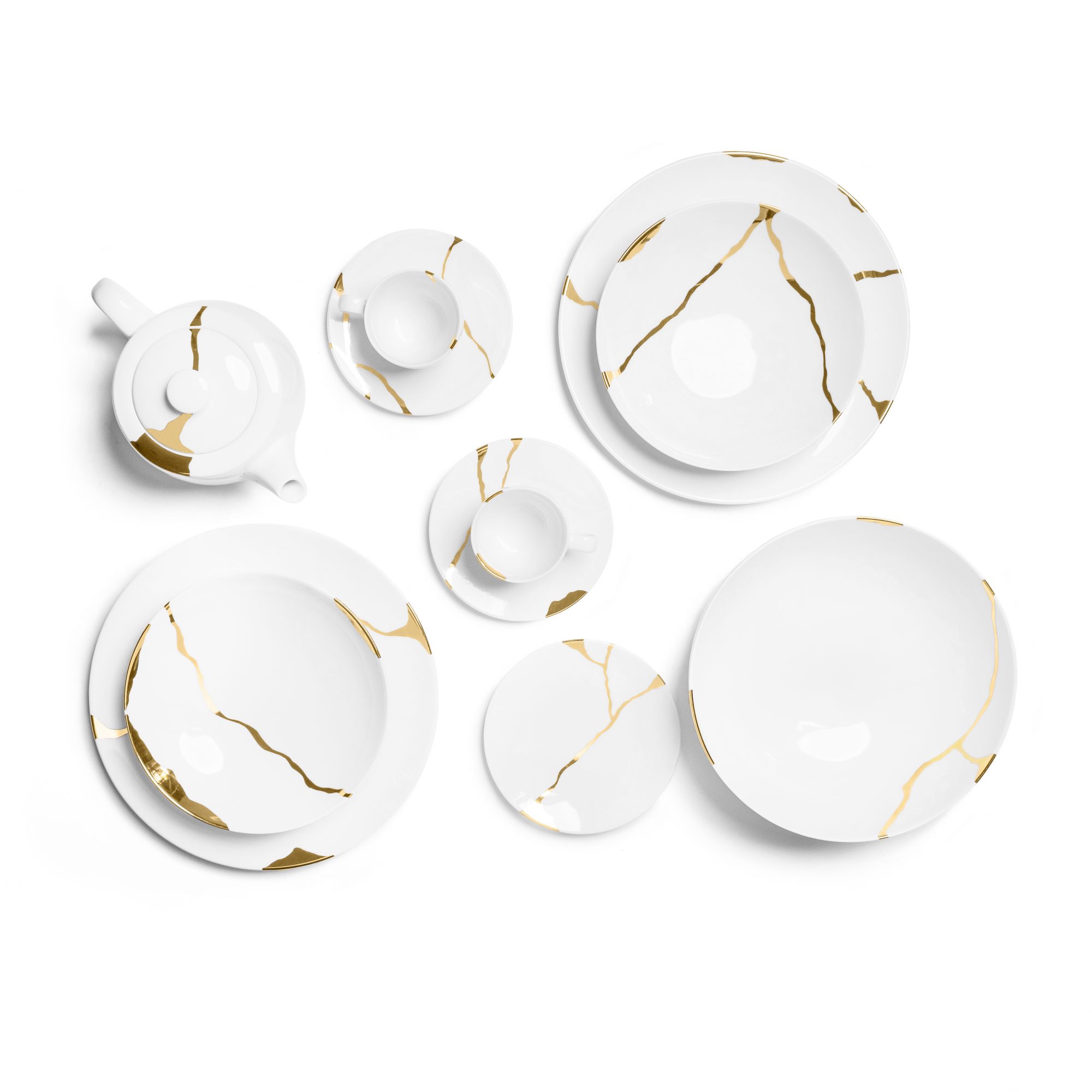 Kintsugi Collection Feines Bone China Porzellan Set: Teller, Teetassen/Kanne, Schale