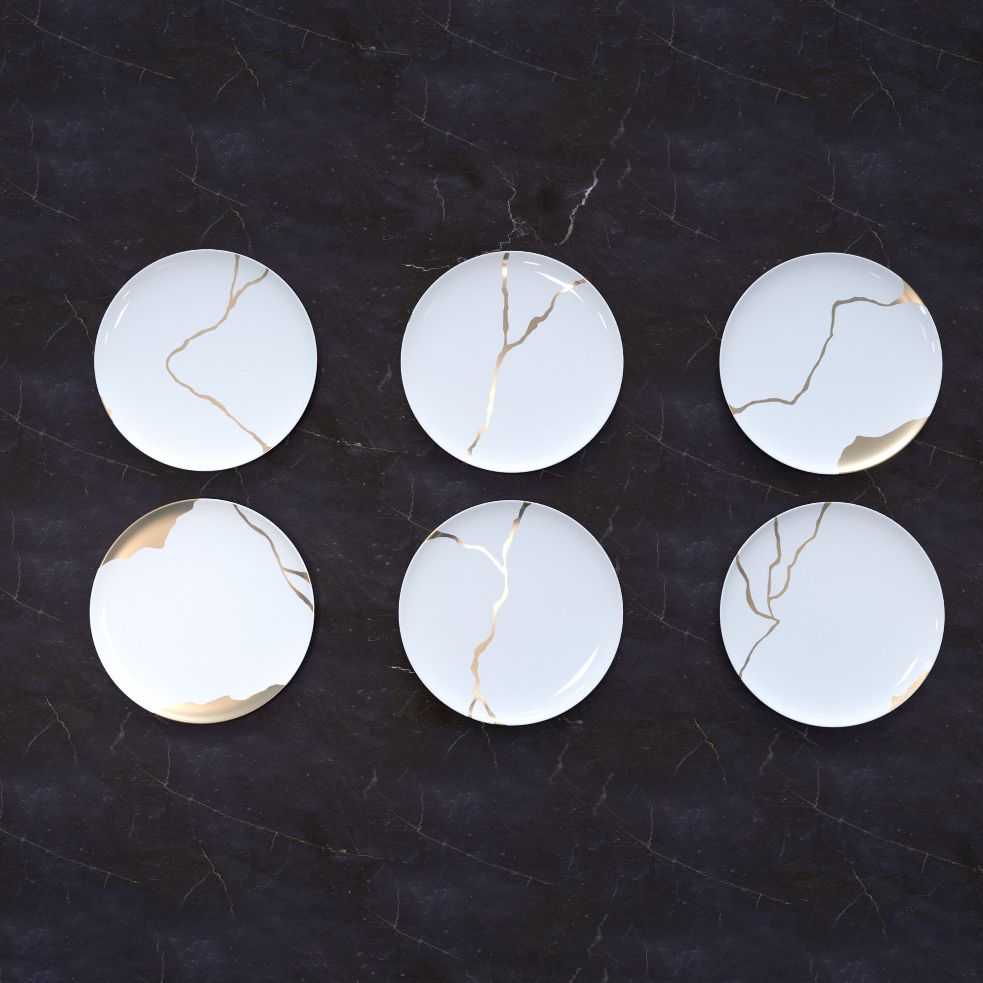 Kintsugi Collection Fine Bone China Porzellan Teller - Set von 6- Front - Schwarzer Hintergrund