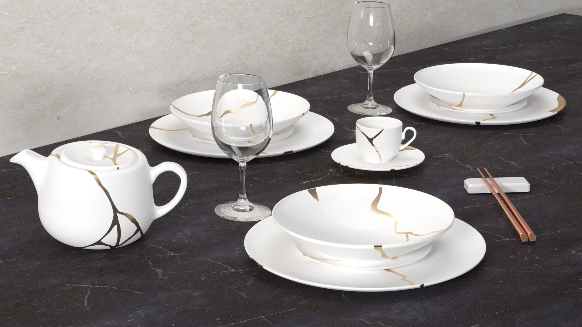Kintsugi Collection Fine Bone China Porcelain Set - Plates, Tea Cups, TeaPot, Bowl