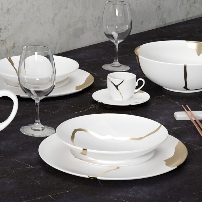 Kintsugi Collection Fine Bone China Porcelain Set: Plates, Tea Cups/Pot, Bowl - On Table