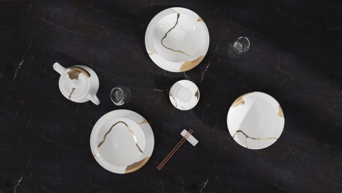 Kintsugi Collection Fine Bone China Porcelain Set: Plates, Tea Cups/Pot, Bowl