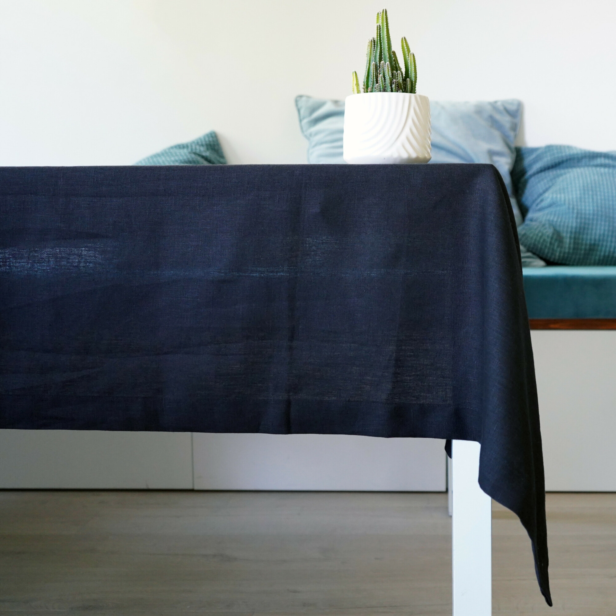 Linen Tablecloth Stonewashed – Off Black, on table