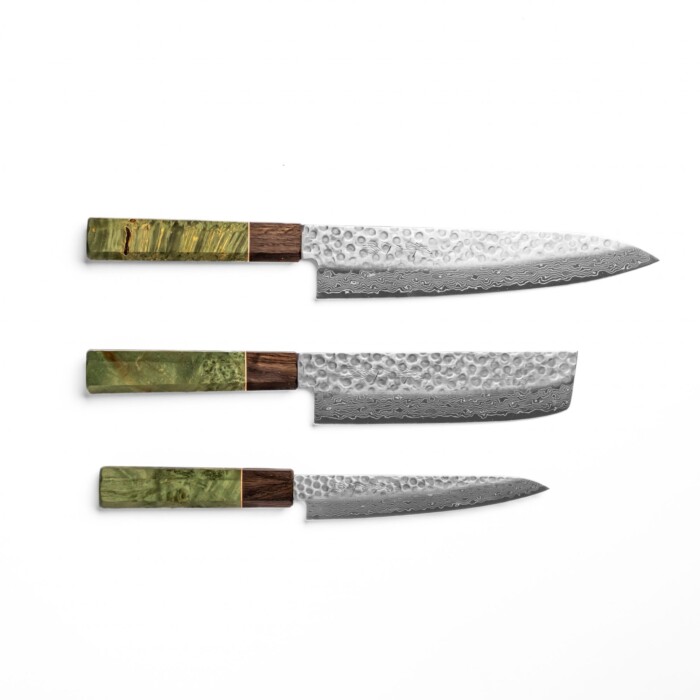 Sakai Kyuba - Das Messerset: Gyuto, Nakiri, Petty - Olivgrün