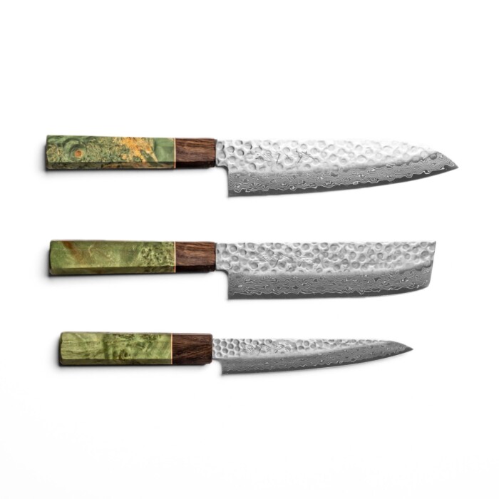 Sakai Kyuba - Das Messerset: Santoku, Nakiri, Petty - Olivgrün