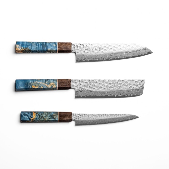 Sakai Kyuba – The Knife Set: Santoku , Nakiri, Petty – Mediterranean Blue