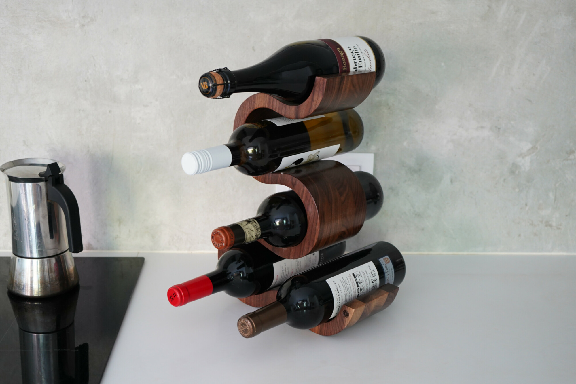 Wooden Wine Rack x 5 Bottles The Wave – Walnut, fully stacked