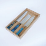 Sakai Kyuba The Knife Set: Gyuto, Nakiri, Petty – Mediterranean Blue, in box