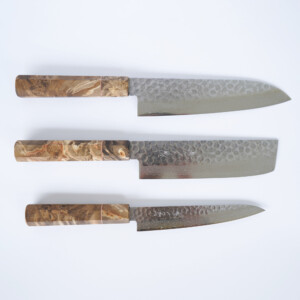Sakai Kyuba – The Knife Set: Santoku, Nakiri, Petty – Natural Brown