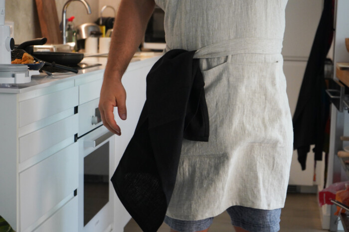 Man wearing Kitchen Apron in natural, hanging kitchen towel