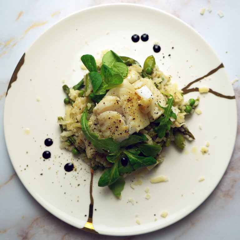 Roasted cod with pea, edamame and asparagus risotto