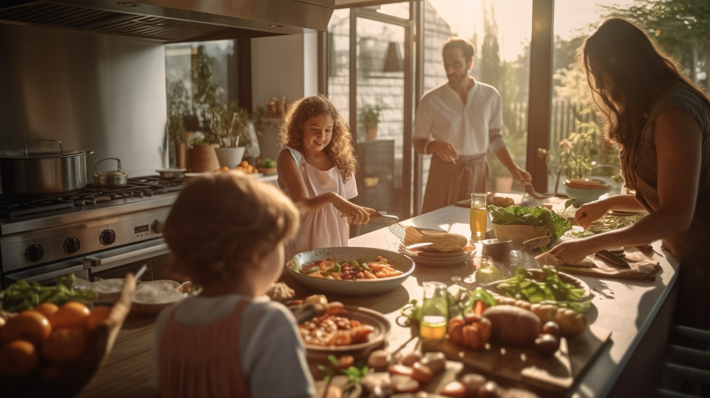 ultrahigh resolution photograph of a european family cooking and preparing dinner together healthy food, modern interior, lots of sunlight, realistic, ultra detailed, shot on Fujifilm H2 camera, --ar 16:9 --s 50 --style raw --s 250 -